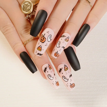 24pc/set Fashion Almond Press On Nails Art Halloween Black Ghost Design Fake Nail Pumpkin Castle Pattern Glossy False Nails Tips