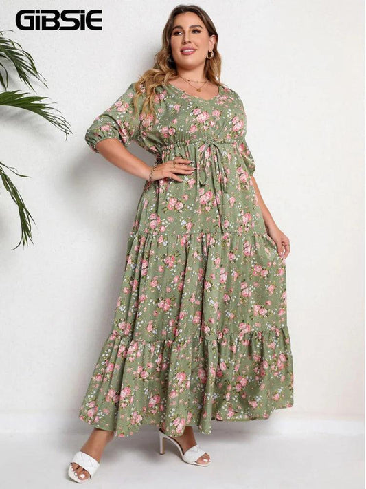 GIBSIE Plus Size Floral Print Knot Front Ruffle Hem Summer Dress Women Vacation Boho Puff Sleeve Split A-line Maxi Long Dresses