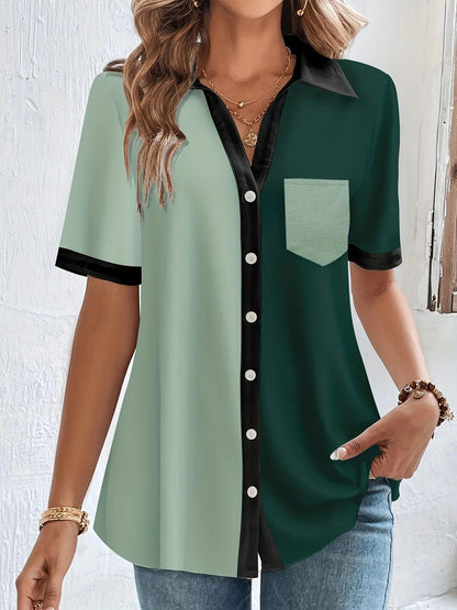 Plus Size Casual Blouse, Women's Plus Colorblock Button Up Short Sleeve Turn Down Collar Blouse