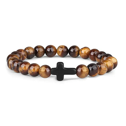 Men Natural Stone Bead Cross Bracelet Onyx Meditation Bracelet Women Yoga Jewelry Homme Pulser Lava Turquoise Beaded Bracelets