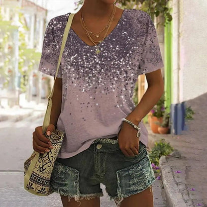 New Summer Breathable T-Shirt 3D Gold Glitter Sequin Printed V Neck Shirt Tops Women Street Luxury Oversized Tops Short Sleeve