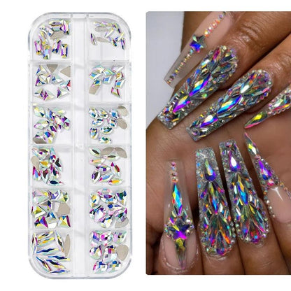 12Gird 3D Glass AB Crystal Nail Art Rhinestones Kit Flatback Round Bead Charm Gem Stones Jewelry Diamond with Tools for Nail Art