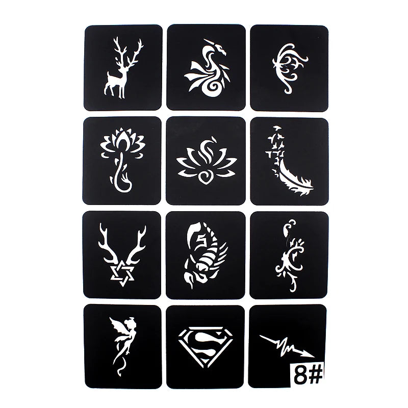 6 Types Option Small Glitter Tattoo Stencil Kids Cute Drawing Templates,Cat Flower Letter Airbrush Henna Tattoo Stencils