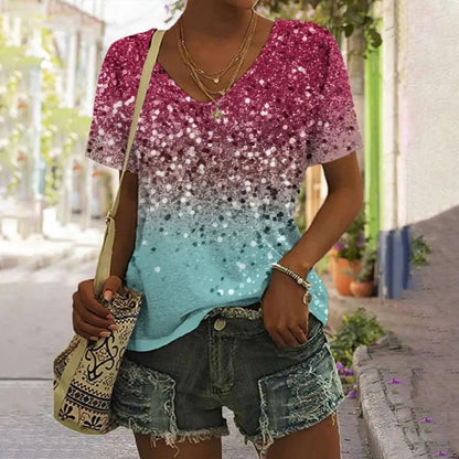 New Summer Breathable T-Shirt 3D Gold Glitter Sequin Printed V Neck Shirt Tops Women Street Luxury Oversized Tops Short Sleeve