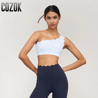 Lycra Sports Bra for Women Seamless Shock-proof Fixed Cup Gym Workout Tops Lotus Arc Single Shoulder Yoga Tops Push-up Bras Vest