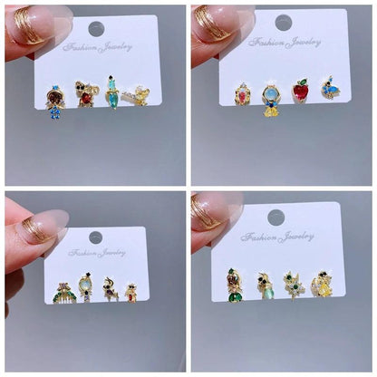 4pcs/set Small Cartoon Sweet Princess Stud Earrings Gold Color Women Girls Cubic Zircon Gift Jewelry