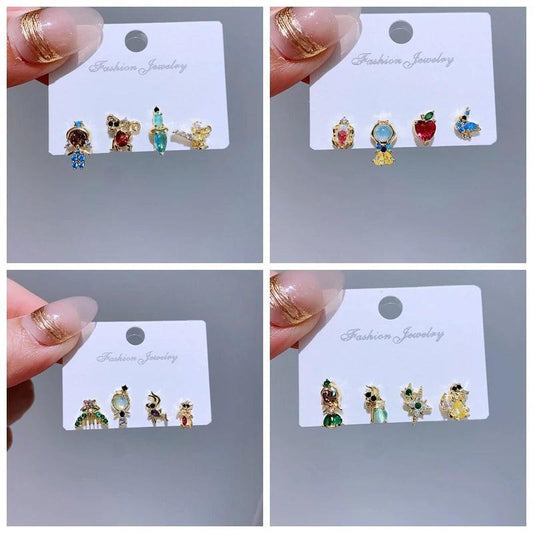 4pcs/set Small Cartoon Sweet Princess Stud Earrings Gold Color Women Girls Cubic Zircon Gift Jewelry