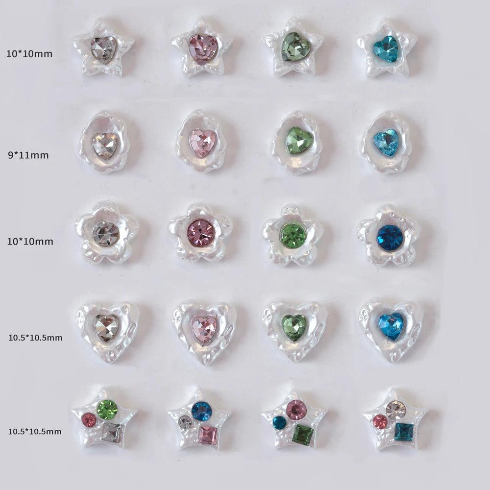 20Pcs Retro Baroque Love Nail Art Charms 3D Glitter White Pearl Inlaid Gem Pentagram Nail Rhinestone Luxury DIY Nail Accessories