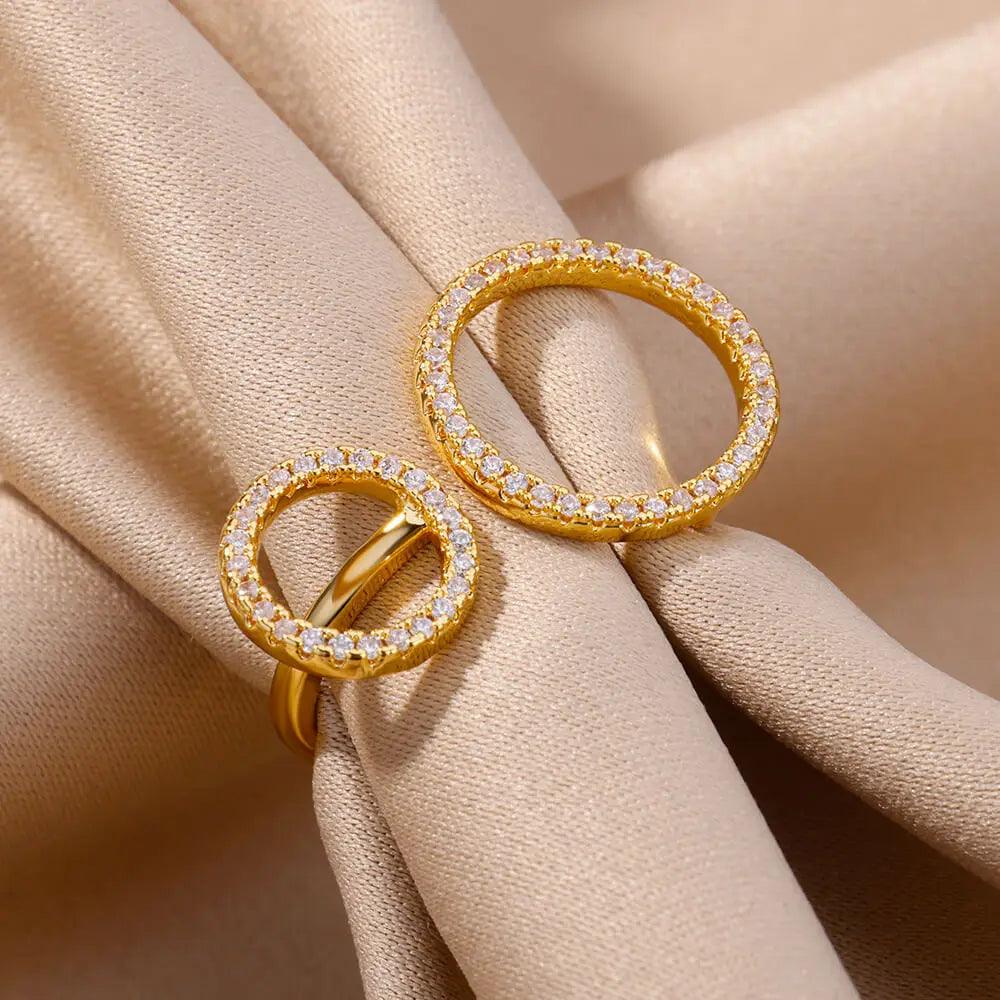 Stainless Steel Zircon Double Round Rings For Women Open Gold Color Finger Ring Simple Fashion Korean Jewelry Wedding Gift