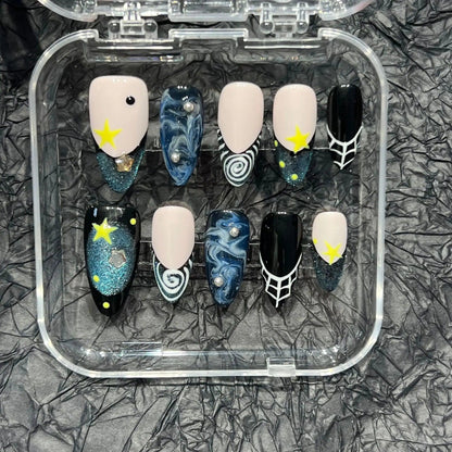 10pcs Handmade Press on Nails Hand-painted Blue Planet Fake Nail Tips Ins Black French Almond False Nail Tips for Girl Wearable