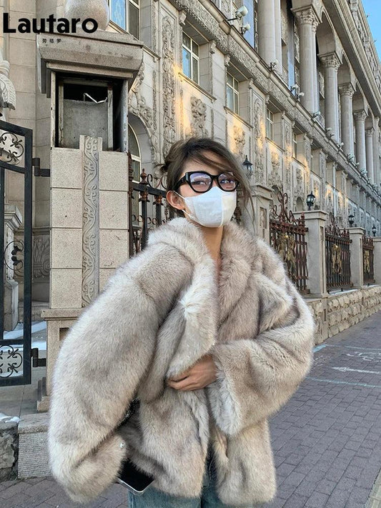 Lautaro Autumn Winter Oversized Loose Casual Luxury Soft Thick Warm Hairy Faux Fox Fur Coat Women Long Sleeve Fluffy Jacket 2024