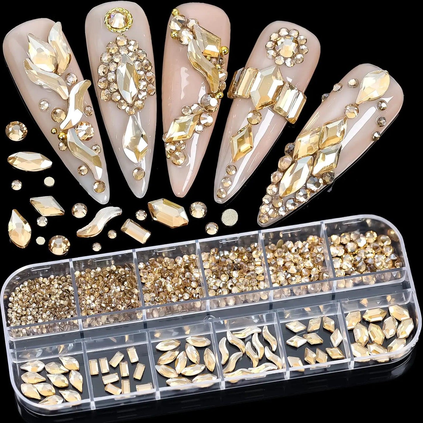 2025#Boxed Champagne Gold Nail Rhinestone 12 Grids Multi-Shaped Flat Back Gemstones 3D Flat-Back Gold Rhinestone Decoration &*