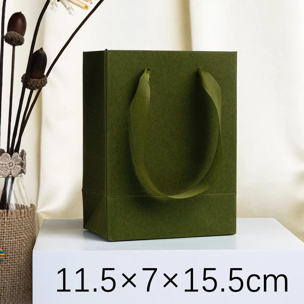 24Pcs Bulk Handmade Moss Green Paper Tote Bag Small Size Custom Logo Paper Packaging Bag with Handle for Beach Shopping Wedding