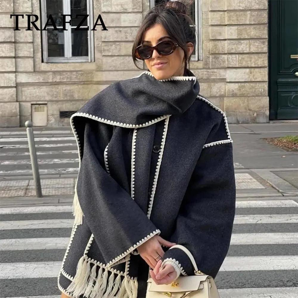 TRAFZA 2024 Women Autumn Winter Casual Zigzag Scarf Collar Jackets Fashion Loose Streetwear Elegant Demi-season Jacket For Women