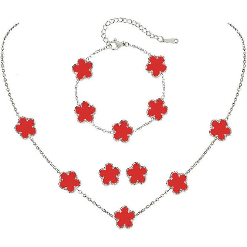 Silver Color Clover Jewelry Set for Women Stainless Steel Hypoallergenic Waterproof Flower Earrings Chain Necklace Bracelet New