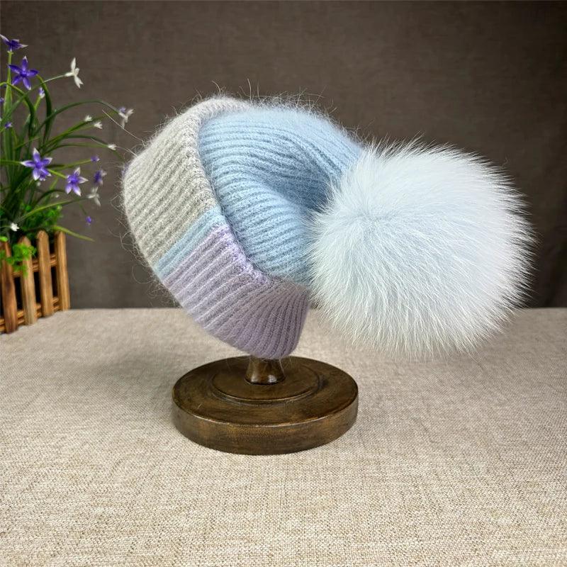 2024 New Rabbit Fur Beanies Soft Warm Fluffy fur pompom Winter Hat for Women Angora Knitted Hat Skullies Female Bonnet Knit Cap