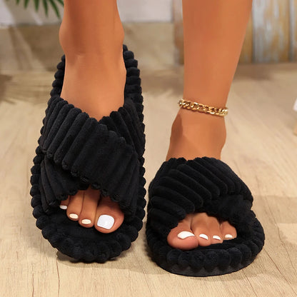 Fashion Corduroy Cross Band Home Slippers Women Autumn Winter Warm Plush Slides Woman Indoor Bedroom Soft Sole Cotton Slippers