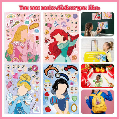 8/16Sheets Disney Princess Children Puzzle Stickers Games Make a Face Funny DIY Assemble Jigsaw Craft Sticker Kids Education Toy