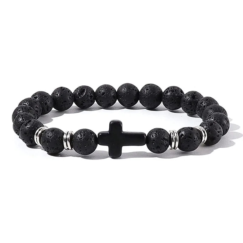 Men Natural Stone Bead Cross Bracelet Onyx Meditation Bracelet Women Yoga Jewelry Homme Pulser Lava Turquoise Beaded Bracelets