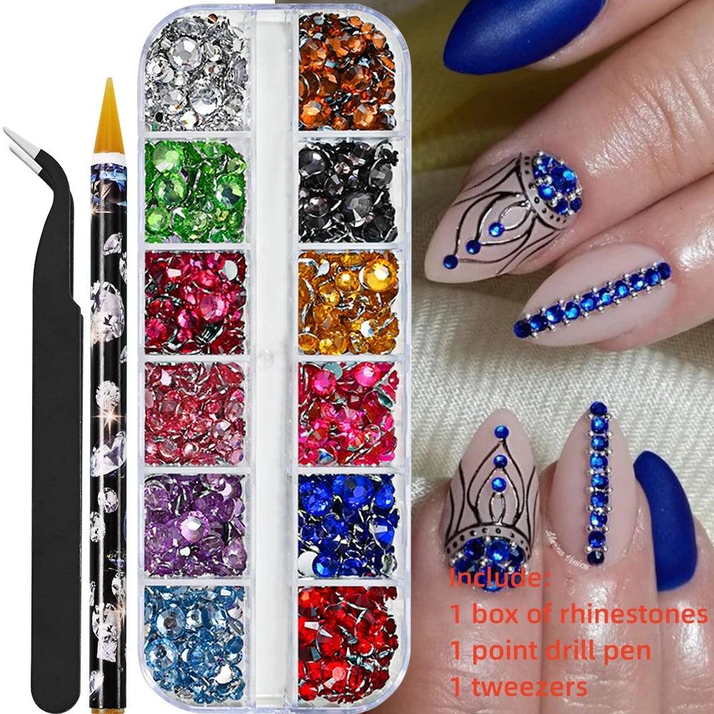 12Gird 3D Glass AB Crystal Nail Art Rhinestones Kit Flatback Round Bead Charm Gem Stones Jewelry Diamond with Tools for Nail Art