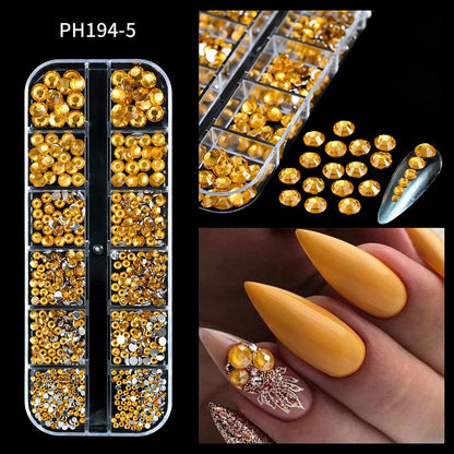 12Grids SS6-SS30 Mixed Nail Rhinestones Shiny Clear/Gold/Pink/Blue Diamond Flat-back Nail Gems Glass Stones Nails Decoration