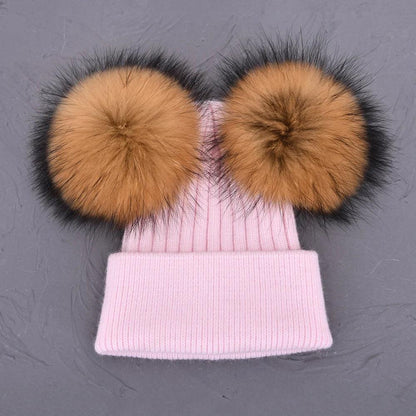 Double Real Raccoon Fur Pompom Hat Women Winter Caps Knitted Wool Hats Skullies Beanies Girls Female Two Fur Pom Pom Beanie Hat