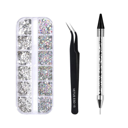 Multi-Size Nail Rhinestones 3D Crystal AB Diamonds Gems Makeup Beauty Nail Art Decorations With Picker Dotting Pen Tweezers Set