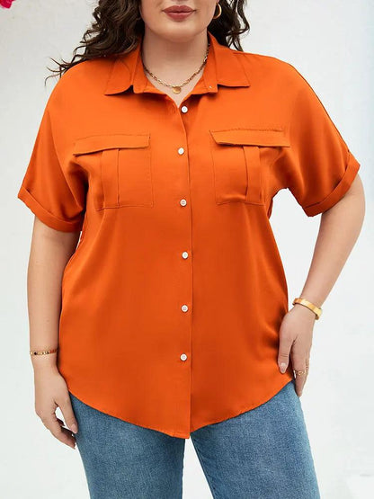 Plus Size Casual Blouse, Women's Plus Solid Roll Up Short Sleeve Turn Down Collar Button Up Shirt Top With Flap Pockets