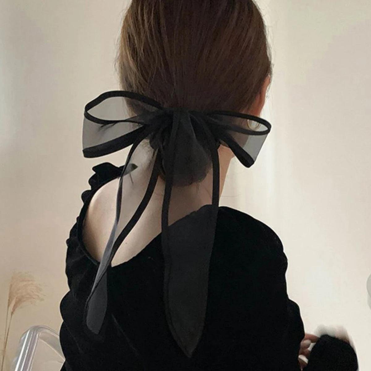 Lystrfac Vintage Black Velvet Bow Hair Ribbon Scrunchie for Women Girls Long Elastic Hair Tie Headwear Female Hair Accessories