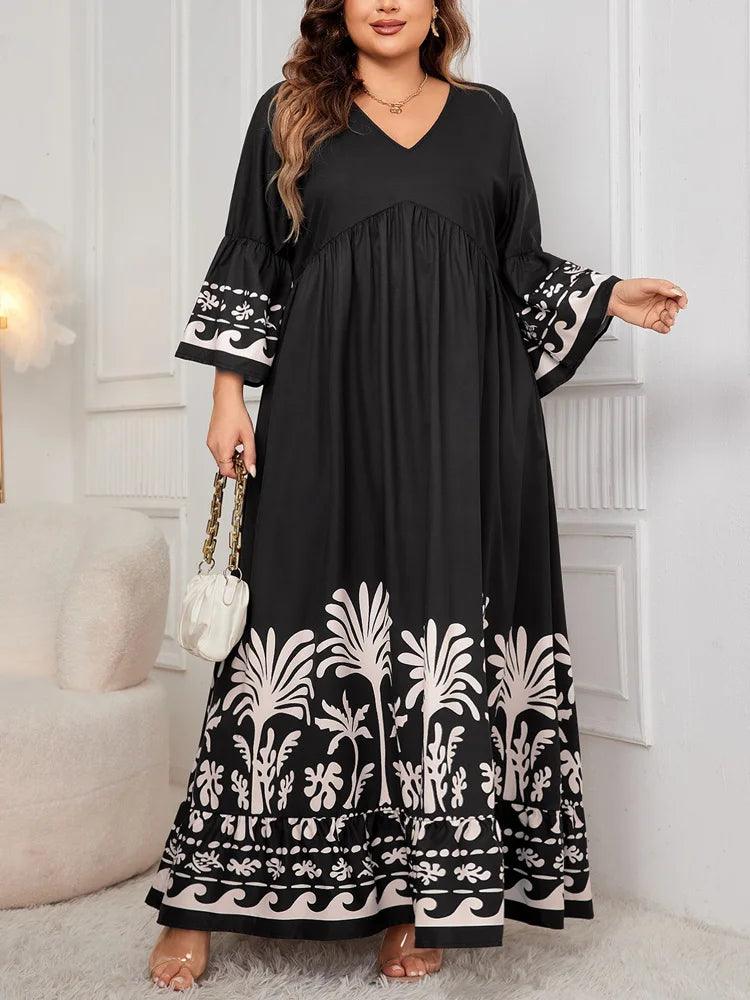 GIBSIE Plus Size Black 3/4 Flare Sleeve Loose Dress Women Spring Fall V-neck Printing Loose Casual Swing A-line Long Dress 2024