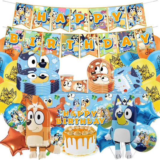 Cute Bluey family Dog Birthday Party cutlery plate Disposable Banner Cake Topper Hanging Flag Balloons Set Birthday Decorations