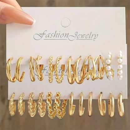 6-24 Pairs Set Geometry Gold Plated Metal Faux Pearl Hoop Earrings Set for Women Vintage Round Circle C Shape Earring Jewelry