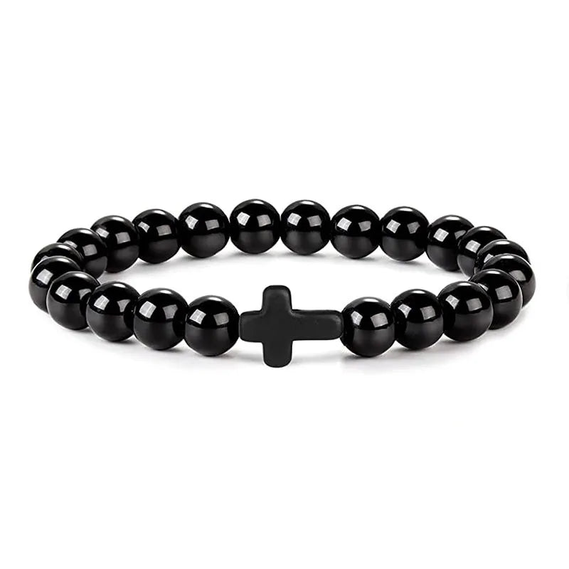 Prayer Men Natural Stone Wood Beads Rosary Hematite Cross Bracelets Onyx Meditation Bracelet Women Yoga Jewelry Homme Pulsera