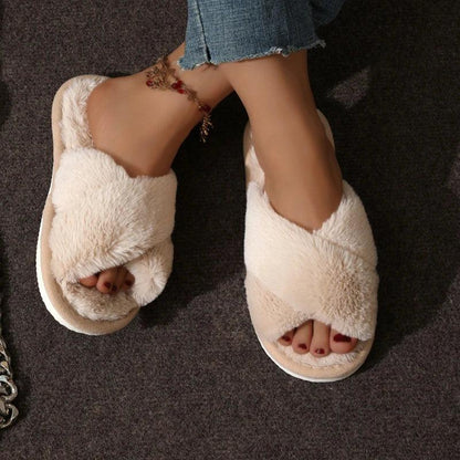 CrissCross Band Plush House Slippers for Women Open Toe Soft Sole Fuzzy Home Shoes Woman Winter Cozy Warm Indoor Floor Slippers