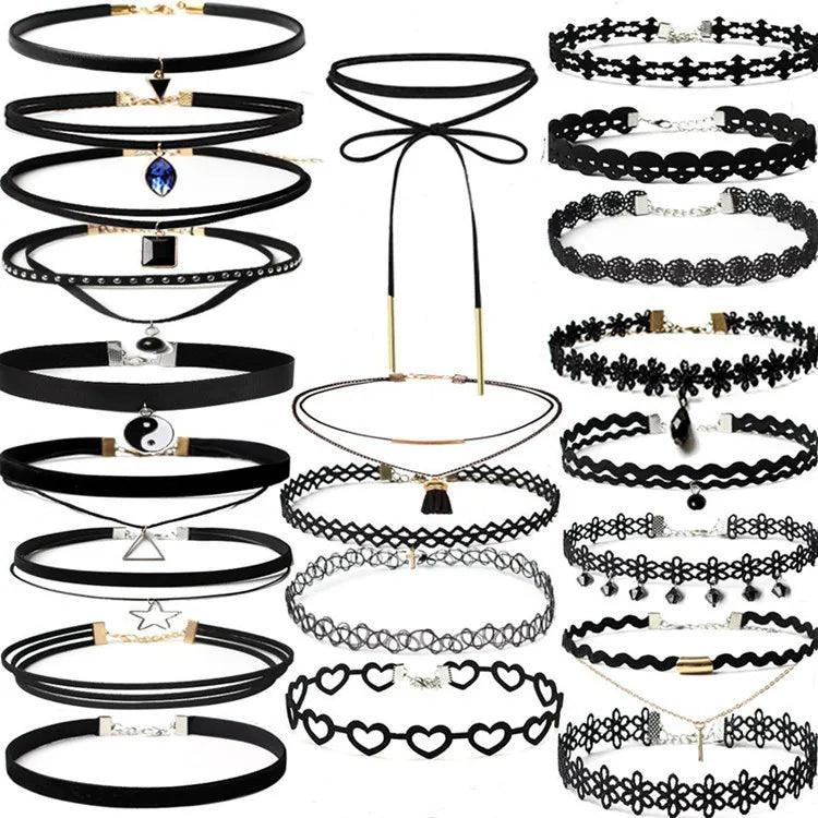 WKOUD 16Style Set Choker Set Black Chokers Necklaces Women Velvet Choker Necklaces Girls Classic Choker Henna Choker Layered