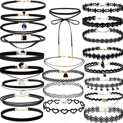 WKOUD 16Style Set Choker Set Black Chokers Necklaces Women Velvet Choker Necklaces Girls Classic Choker Henna Choker Layered