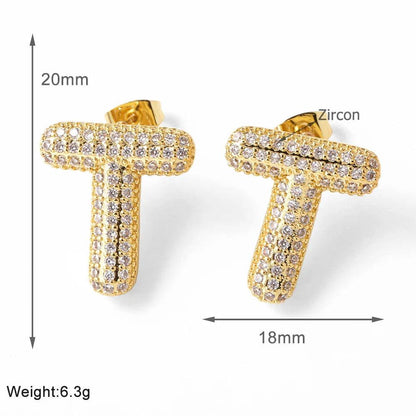 FLOLA Clear Crystal Bubble Letter Earrings for Women Copper Gold Plated Initial Ear Studs Name Jewelry Gifts ersa009