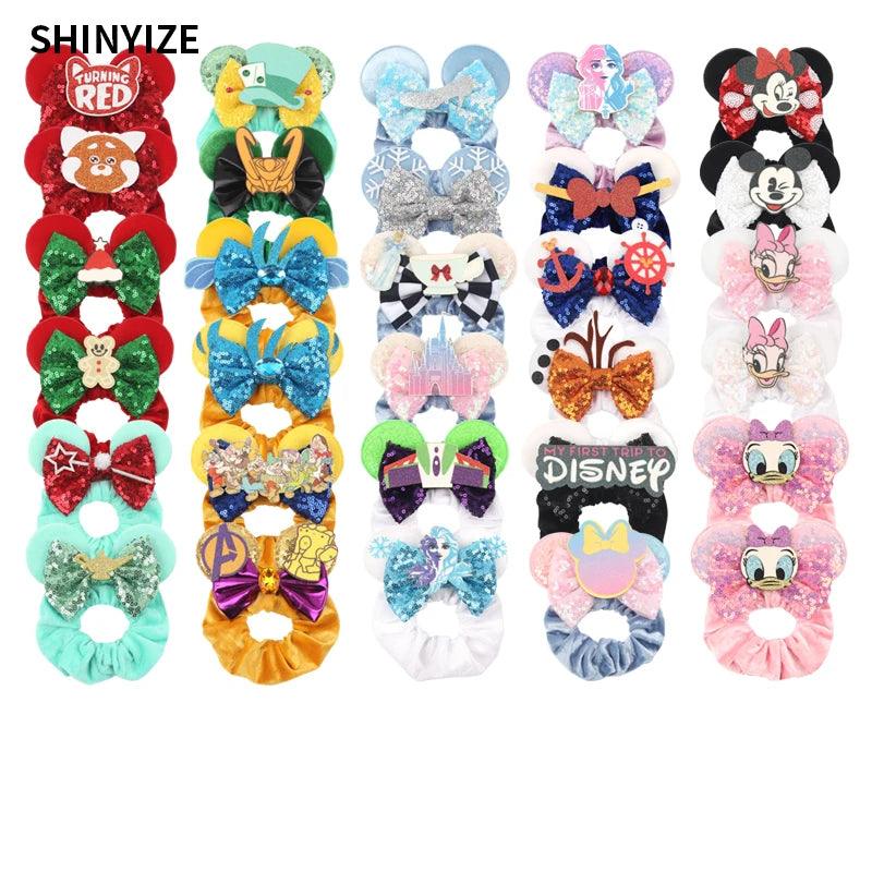 New Chic Disney Mickey Mouse Ears Hair Scrunchies Sequins 4"Bows Elastic Headband Women Velvet Girls DIY Hair Accessories Gift