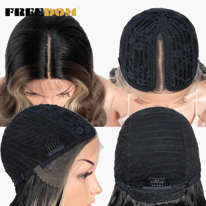 FREEDOM 13X4 Synthetic Lace Frontal Wigs For Women Body Wave Ombre Blonde Brown Ginger Lace Wigs Heat Resistant Cosplay Wigs - HighGloss Shop