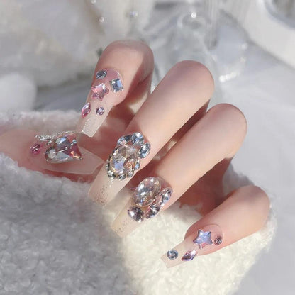 24Pcs Pink Full Diamond Press on Nail Tips Handmade 3D Design Rhinestones Full Cover False Long Coffin Nail Woman DIY Fake Nails