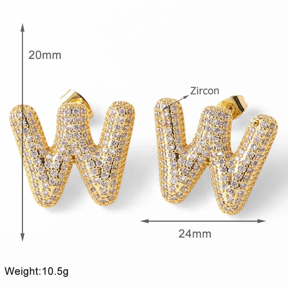 FLOLA Clear Crystal Bubble Letter Earrings for Women Copper Gold Plated Initial Ear Studs Name Jewelry Gifts ersa009