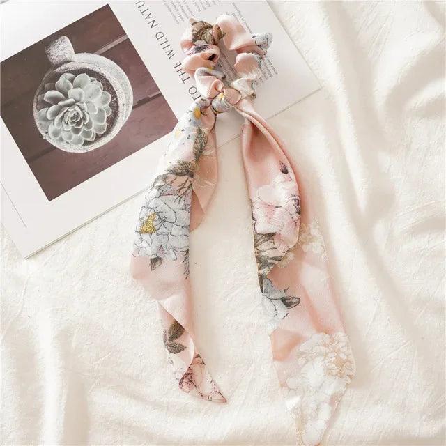 Floral Print Bow Satin Long Ribbon Ponytail Scarf Hair Tie Scrunchies Women Girls Elastic Hair Bands Hair Accessories