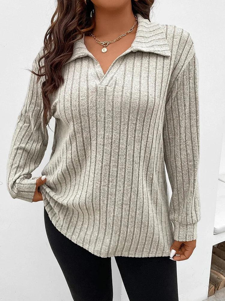 GIBSIE Plus Size Tshirt for Women Spring Fall Polo Collar Long Sleeve T-Shirt Female Casual Ribbed Knit Solid Tee Tops 2023