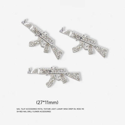 10Pcs Zircon Luxury Gun Nail Charms With Silver/Gold Glitter Nail Art Alloy 3D Nail Decorations DIY Design Gem Jewelry