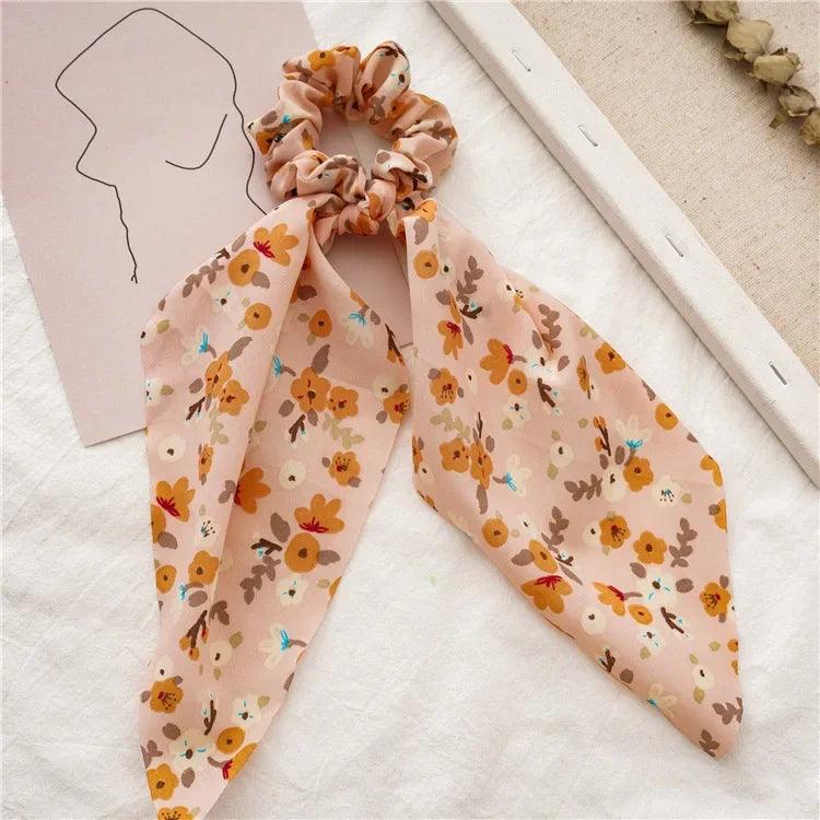 Floral Print Bow Satin Long Ribbon Ponytail Scarf Hair Tie Scrunchies Women Girls Elastic Hair Bands Hair Accessories