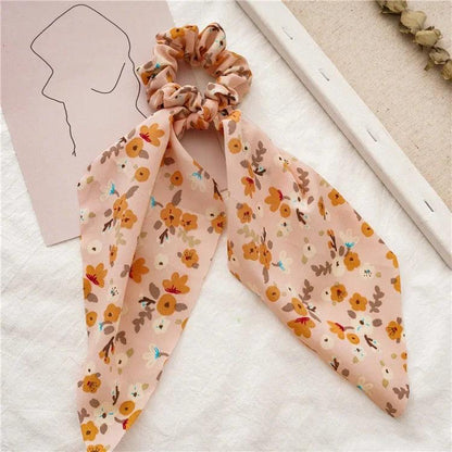 Floral Print Bow Satin Long Ribbon Ponytail Scarf Hair Tie Scrunchies Women Girls Elastic Hair Bands Hair Accessories