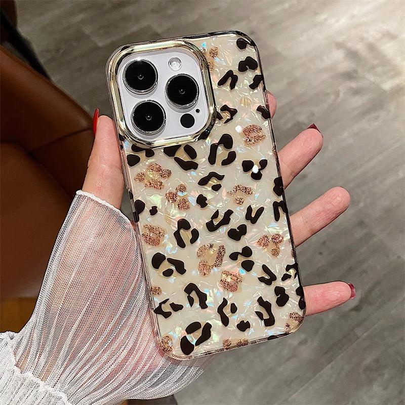 Luxury leopard print glitter Phone case for iphone 11 12 13 13pro 14 15 pro max plating camera lens protective case back cover