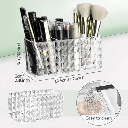 1Pcs Clear Acrylic Triple Grid Makeup Brush Holder Desk Cosmetic Organiser Lipstick Storage Box Bathroom Display Stand Diamond