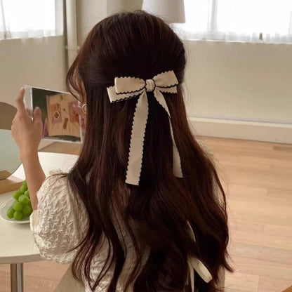 Lystrfac New Fabric Wavy Ribbon Hair Bow Hairpin for Women Girls Hair clips Black White Bow Top Clip Female Hair Accessories