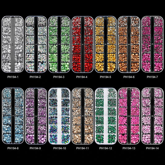 12Gird 3D Glass AB Crystal Nail Art Rhinestones Kit Flatback Round Bead Charm Gem Stones Jewelry Diamond with Tools for Nail Art